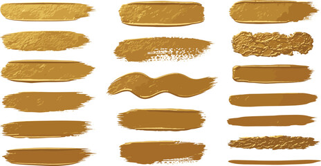Aufkleber - Golden foil paint brush stripes, brushstroke shapes, smears, rough uneven stains strokes set. Hand drawn textured text backgrounds, dividers, gold painted graphic elements. 