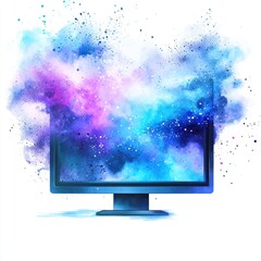 Fototapete - A digital monitor with vibrant blue and purple cosmic clouds bursting out, symbolizing creativity, technology, and limitless digital imagination, on white background