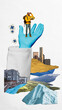 © master1305 - Collage with curious male traveler in yellow jacket standing on blue medical glove with cityscape and mountains. Concept of global travel readiness, healthcare access, sense of direction and wonder.
