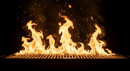 Poster - Fiery orange flames engulf a metal grill grate against a black background, showcasing intense heat and energy, ideal for barbecue or cooking concepts