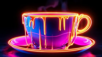 Poster - Neon teacup and saucer, glowing liquid dripping, dark background, evokes energy, vibrancy, surrealism, and abstract art