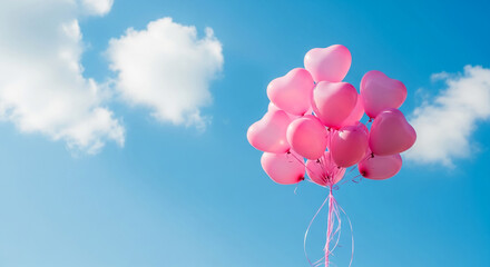 Poster - Pink heart-shaped balloons against a blue sky with white clouds, symbolizing love, joy, and celebration, perfect for Valentine's Day or romantic concepts Free space