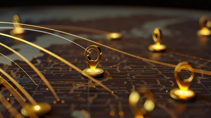 Poster - Golden Connections on World Map with Location Pins and Data Circles Representing Global Networking