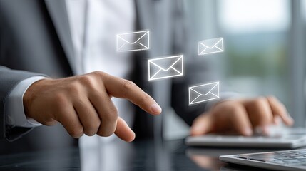 Poster - Close-up of a businessman pointing at bright email icons, showcasing digital marketing and communication in a professional environment