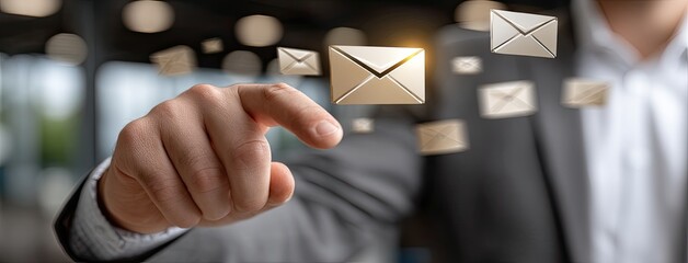 Poster - Close-up of a businessman pointing at bright email icons, showcasing digital marketing and communication in a professional environment