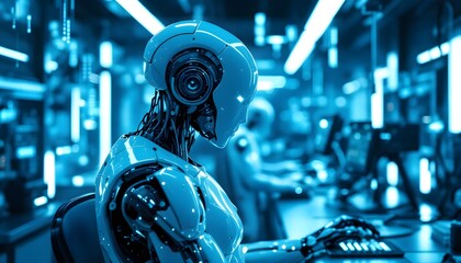 Robot Typing on Keyboard in Futuristic Office