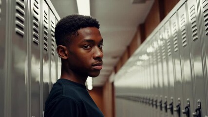 Leinwandbilder - High school student leaning against metal lockers, standing in school hallway with serious, contemplative expression while looking directly at camera