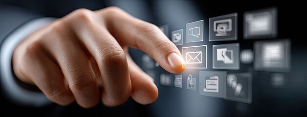 Poster - Close-up of a finger selecting a virtual email icon surrounded by technology and social media symbols representing digital interaction