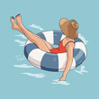 © sasa_elebea - Beautiful Young Woman with Summer Hat on White and Blue Inflatable Ring Relaxing in Swimming Pool on Holiday