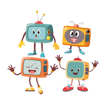 Vector Illustration of a Set of Icons. Groovy Retro Cartoon Character Old TV Elements - Faces, Hands, Body, and Feet