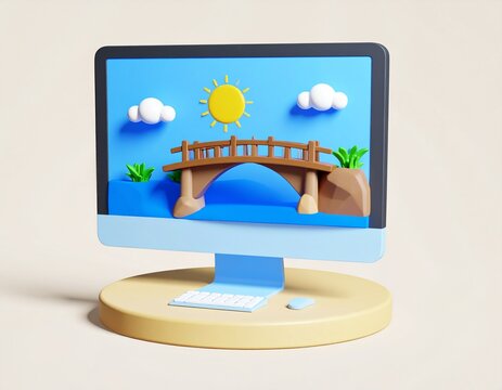 Serene Bridge Landscape on Computer Screen A 3D Rendered Idyllic Scene