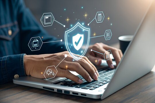 Hands typing on a laptop keyboard, featuring a prominent glowing shield icon symbolizing secure data and robust online protection.