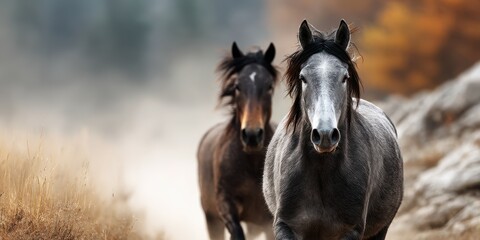 Naklejka na meble Horses run through a misty landscape during autumn in a tranquil setting