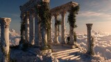 Majestic ancient marble temple floats in the cosmos, embraced by celestial vines as the sun rises, casting ethereal light over Earth below in an awe-inspiring spectacle