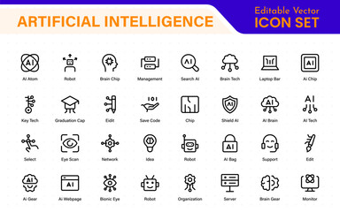 Fototapete - Artificial Intelligence Essentials Vector Icon Pack. Machine Learning, Algorithms, Smart Devices, and Future Tech Symbols in Outline Design.