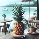 buah nanas dalam pot kaca hiasan meja untuk restoran dan cafe di pantai