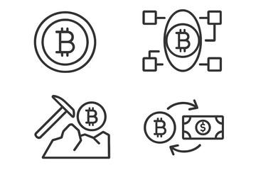 Fototapete - Cryptocurrency icon set. Bitcoin linear collection. Digital money and blockchain technology symbols. Crypto mining, exchange and payment outline pictograms for web and app.