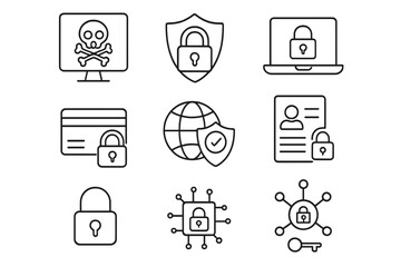 Poster - Cyber security thin line icon set. Data protection, network security, computer hacking. Privacy concept, personal data, internet safety. Antivirus, encryption, vpn pictogram.