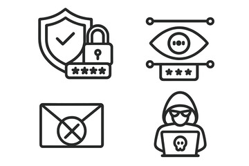 Poster - Cyber security icon set. Internet data protection. Hacker attack, phishing mail, password access, network safety. Line style web icons for app. Shield, lock, hacker, virus.