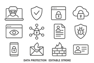 Fototapete - Cybersecurity and data protection line icon set. Editable stroke web symbols for internet safety, privacy, hacking, network, firewall, virus, phishing, personal data, cloud.