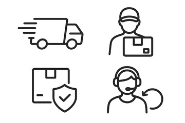 Poster - Shipping and logistics icon set. Line art icons for express delivery, courier service, insured package, and customer support. Perfect for web design, e-commerce, mobile apps.