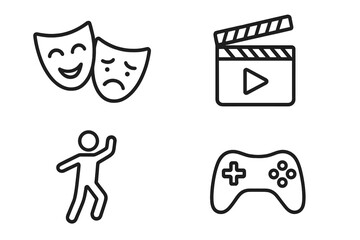 Fototapete - Entertainment and lifestyle icon set. Line art web icons for mobile apps. Theater masks, cinema clapperboard, dancing person and game controller. Vector graphic symbols.