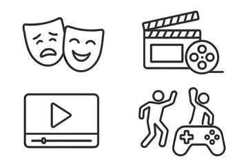 Fototapete - Entertainment icons set in thin line style. Pictogram collection for web and mobile app. Theater masks, cinema clapperboard, video player, dancing and gaming concept.