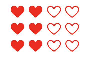Poster - Red Heart Icon Set. Filled and Outline Hearts. Love Symbol Collection. Romantic, Valentine, Like, Favorite, Social Media, UI, UX, Web, App, Isolated Vector Illustration