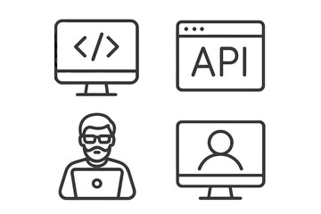 Poster - Set of 4 Web Development Line Icons: Coding, API, Programmer with Laptop, User Profile on Monitor, Software Development, Information Technology, Web and Mobile App, Developer Tools