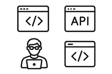Fototapete - Web Development Line Icons Set – Code Symbol, API Interface, Programmer with Laptop, Developer Tools, Software Engineering, Coding, Application, Technology, IT, Web, Mobile, Outline