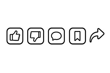 Poster - Social Media Feedback Icon Set. Like, Dislike, Comment, Save, Share. User Interaction Symbols. Social Network Buttons. Vector Outline Illustration. Communication, Engagement, Interface Elements