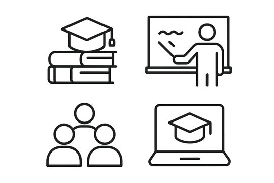 Linear Education Icons Set. Graduation Cap, Books, Teacher at Blackboard, Students Group, Online Learning, School, Classroom, E-learning, Academic, Digital Education, Knowledge, Web, Mobile