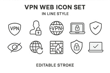 Poster - VPN Web Icon Set, Line Style. Internet Security, Privacy, Proxy, Firewall, Online Protection, Cybersecurity, Secure Connection, Encryption, Shield, Anonymous Browsing, Editable Stroke