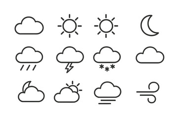 Poster - Weather Forecast Line Icons Set. Cloud, Sun, Moon, Rain, Storm, Snow, Wind, Mist, Day and Night Symbols. Minimalist Outline Vector for App UI, Website, Transparent PNG, Editable Design