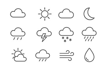 Poster - Weather Forecast Line Icons Set. Cloud, Sun, Rain, Thunderstorm, Snow, Wind, Moon, Droplet. Minimalist Vector Symbols for App UI, Website, Transparent PNG, Editable Illustration