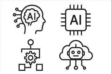 Aufkleber - Artificial intelligence AI icon set. Line art for web and mobile. Machine learning, digital technology, algorithm, smart brain, processor, neural network, cloud computing, bot.