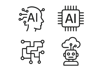 Aufkleber - Artificial intelligence line icon set. AI technology concept. Machine learning, deep learning. Digital brain, neural network. Robot, bot, chatbot. Processor chip. Algorithm. Smart tech.