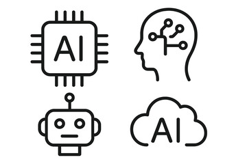 Aufkleber - AI technology line icon set. Artificial intelligence, machine learning, data science, neural network concept. Vector robot, processor, digital brain and cloud computing symbols.