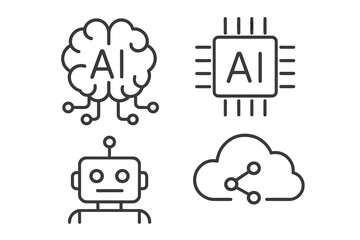 Poster - Artificial intelligence line icon set. AI technology concepts. Machine learning, neural network, algorithm, robot, chatbot, processor, cloud computing. Digital brain pictogram.