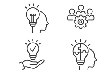 Aufkleber - Creativity and innovation icon set. Creative business solution, teamwork, and problem-solving concepts. Line icons for web and mobile apps. Lightbulb idea, puzzle, team.