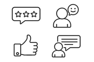 Poster - Customer satisfaction icon set in line style. Feedback and review concept. Rating stars, thumbs up like, happy client face and comment bubble for web and mobile app survey.