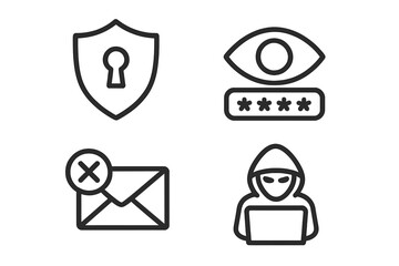 Fototapete - Cybersecurity line icon set. Internet safety. Data protection metaphor. Online threat concept. Password privacy. Hacker cybercrime symbol. Spam email. Shield keyhole security.