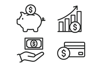 Poster - Financial profit icon set. Money income linear icons. Money savings, finance growth, investment payment, and earnings concepts. Vector piggy bank, chart, cash and credit card.