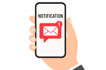 Poster - Hand holding smartphone with new message notification icon on screen. Unread email notice, alert symbol. Digital communication technology concept. Vector illustration isolated.