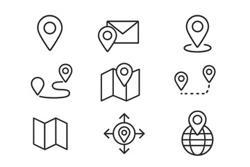 Poster - Map Pin Location Icon Set. Linear Web Icons Collection: GPS Marker, Address, Navigation, Route, Directions, Map, Distance, Global Position, Waypoint, Travel, Location Symbol