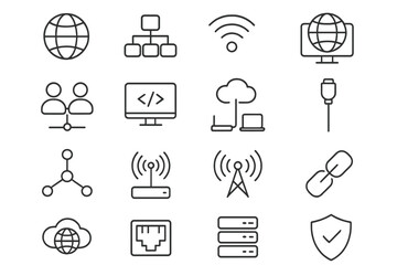 Poster - Linear Network and Internet Icon Set. Connection, Communication, Technology, IT, Router, Signal, Wireless, Cloud, Server, Security, Data, Ethernet, Web, Coding, People, Link, Shield, Node, Device