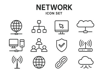 Poster - Network Connection Communication Technology Internet IT Router Signal Cloud Linear Icon Set. Web, Wireless, Security, Link, Computer, Data, People, Hierarchy, Antenna, Shield, Cloud Computing
