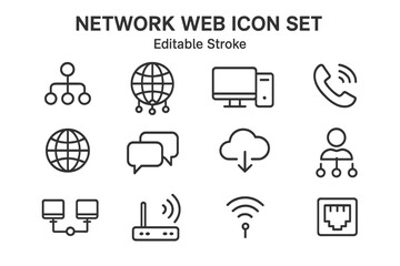 Poster - Network Web Icon Set Line Style. Technology Communication Connection Internet IT Router Signal Cloud Computer Wireless Ethernet Linear Icons Collection