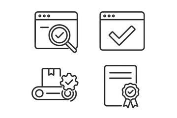 Poster - Quality Control and Assurance Line Icons Set. Inspection, Evaluation, Production, Certification. Web, App, Mobile UI. Quality Check, Verified, Approval, Compliance, Badge, Document, Process