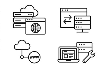 Poster - Cloud Web Hosting and Server Management Icons Set. Line Style Vector Illustrations of Webspace, Data Exchange, Domain, Cloud Computing, Website Maintenance, Internet Network, Server Tools